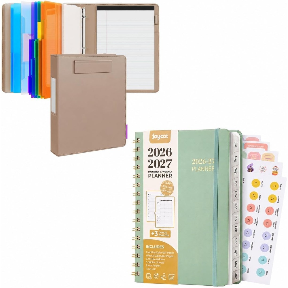 JoyCat 3 Ring Binder Khaki Clipboard + A5 Green Academic Planner 2026-2027, July 2026 – June 2027, 6.3″ x 8.5″ Weekly & Monthly Planner
