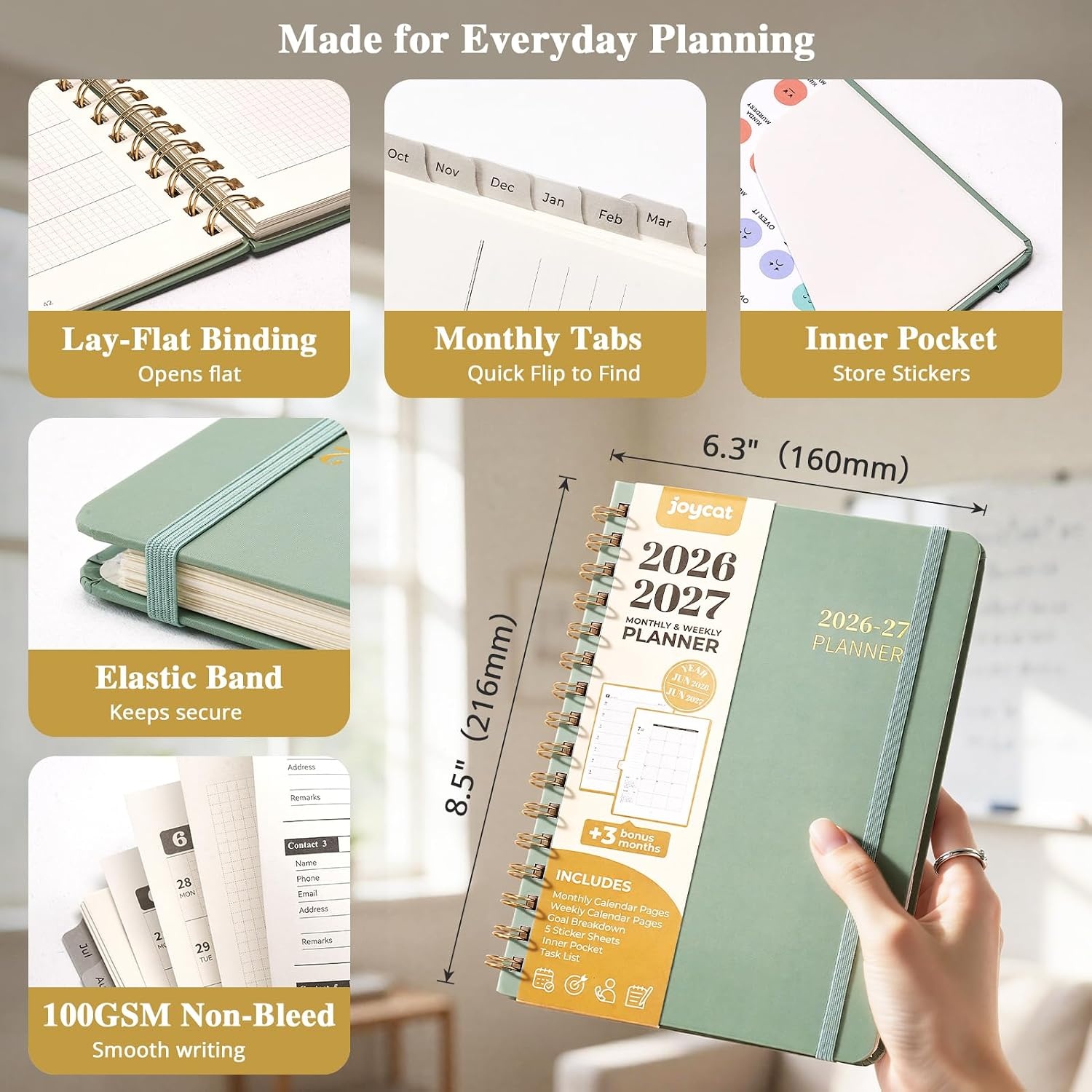 JoyCat 3 Ring Binder Khaki Clipboard + A5 Green Academic Planner 2026-2027, July 2026 – June 2027, 6.3″ x 8.5″ Weekly & Monthly Planner