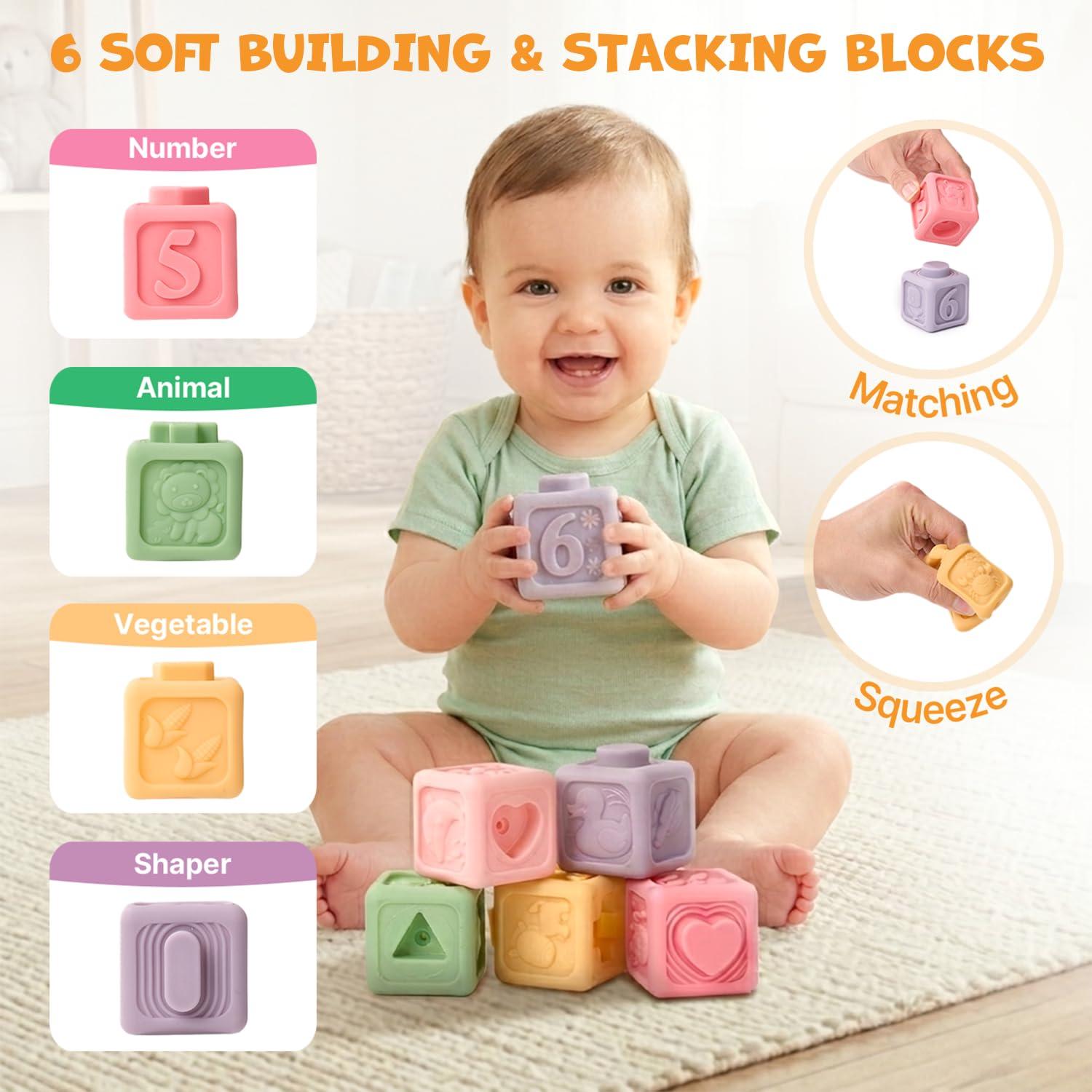 JoyCat Baby Toys 6-12 Months, Montessori Sensory Baby Toy Set with Stacking Cups, Soft Blocks, Tissue Box Toy, Spinner Toys, Sensory Balls, Cloth Book, Infant Learning Toys, Baby Gift for Boys & Girls
