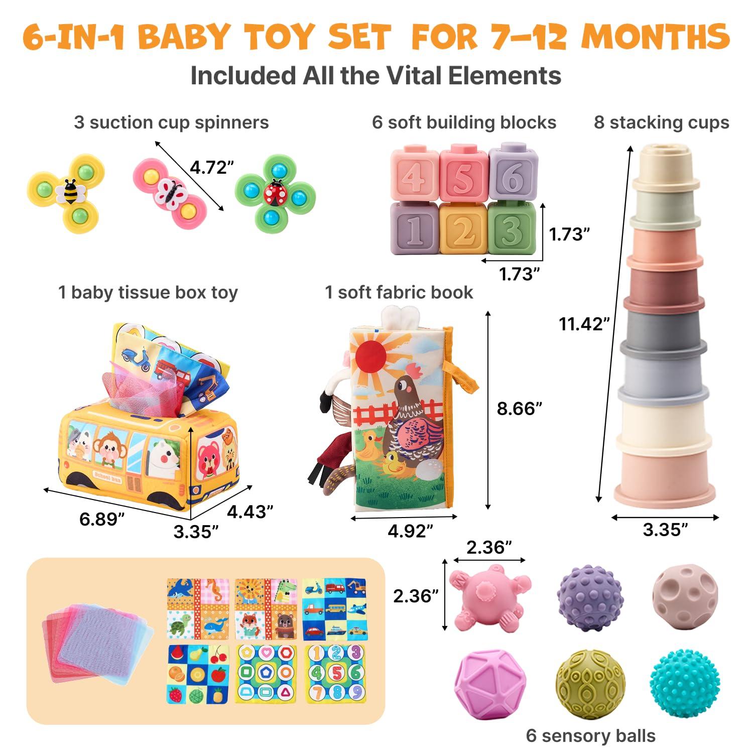 JoyCat Baby Toys 6-12 Months, Montessori Sensory Baby Toy Set with Stacking Cups, Soft Blocks, Tissue Box Toy, Spinner Toys, Sensory Balls, Cloth Book, Infant Learning Toys, Baby Gift for Boys & Girls