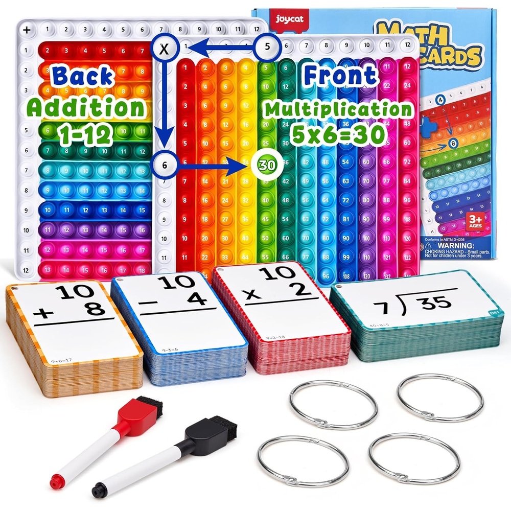 JoyCat Math Flash Cards & 4-in-1 Double-Sided Pop Chart, 288 Write & Wipe Cards, Addition Subtraction Multiplication & Division Math Manipulative for Kids Ages 4-8, Homeschool Classroom
