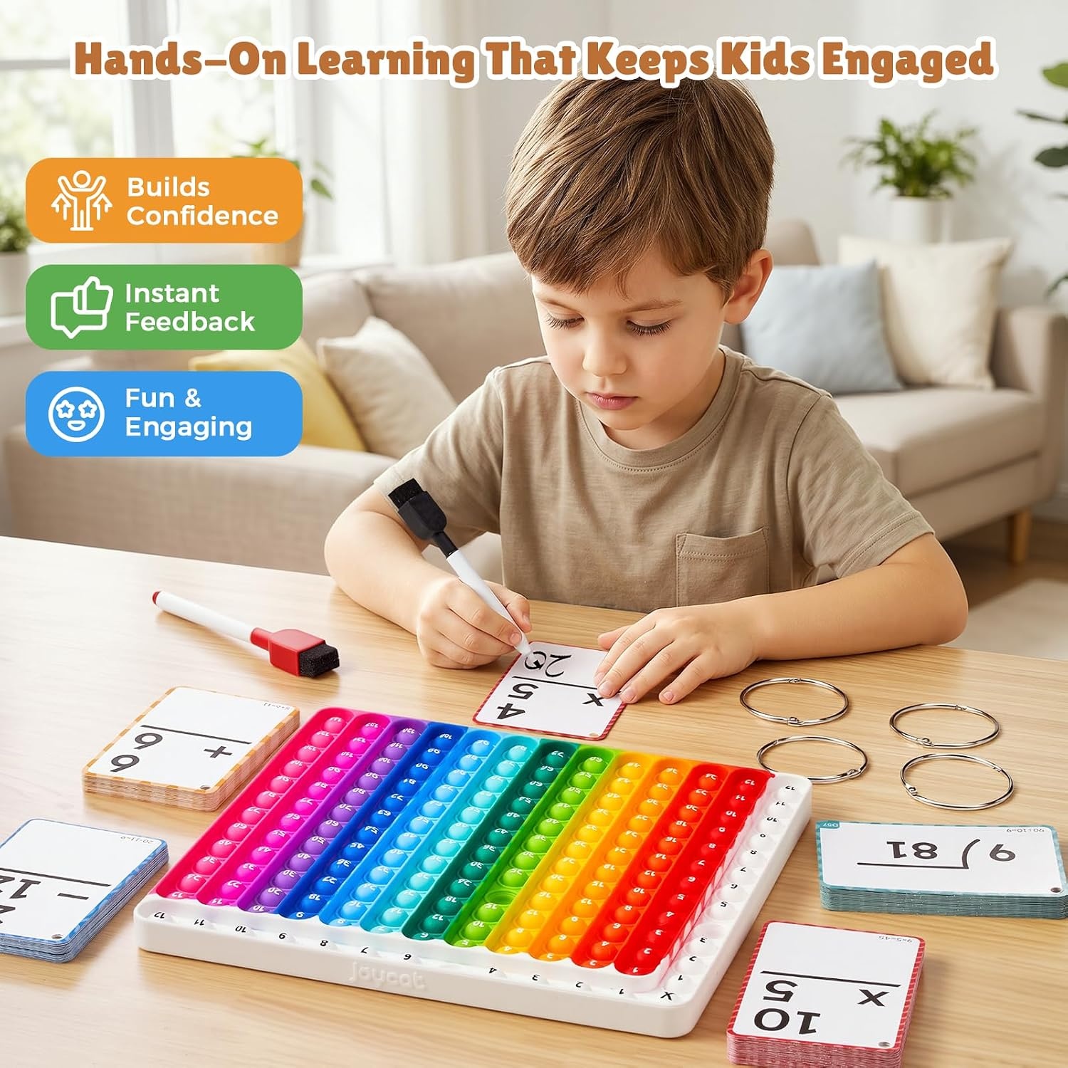 JoyCat Math Flash Cards & 4-in-1 Double-Sided Pop Chart, 288 Write & Wipe Cards, Addition Subtraction Multiplication & Division Math Manipulative for Kids Ages 4-8, Homeschool Classroom