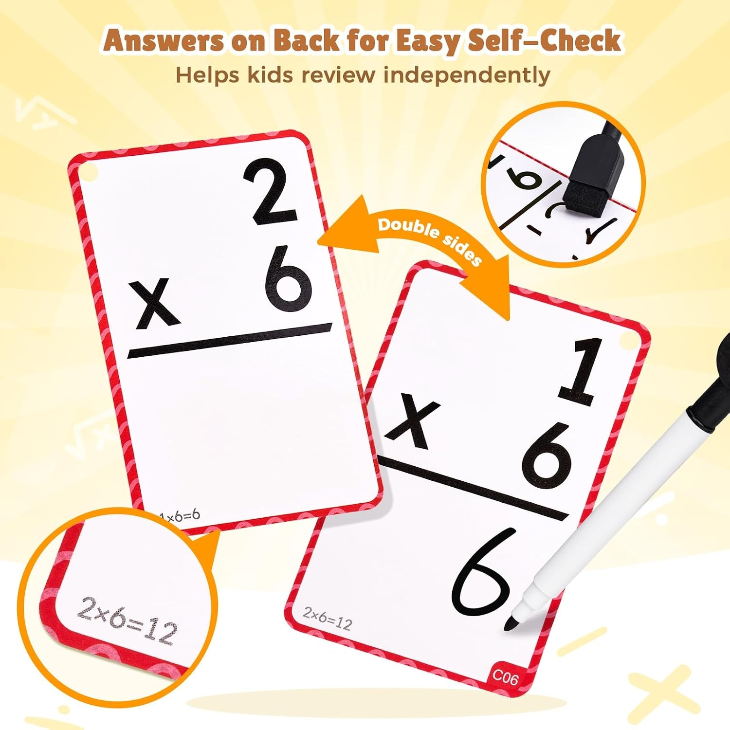 JoyCat Math Flash Cards & 4-in-1 Double-Sided Pop Chart, 288 Write & Wipe Cards, Addition Subtraction Multiplication & Division Math Manipulative for Kids Ages 4-8, Homeschool Classroom