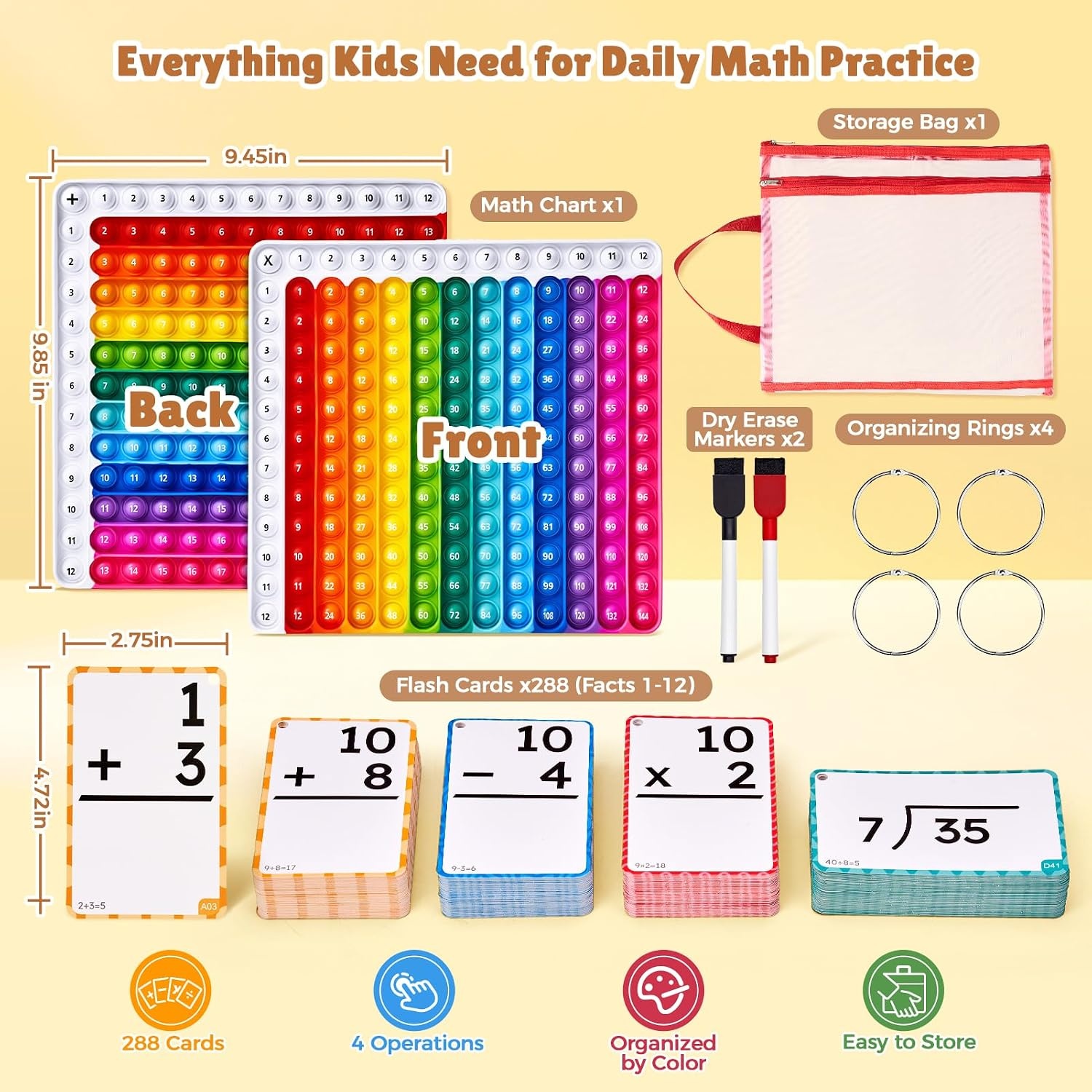 JoyCat Math Flash Cards & 4-in-1 Double-Sided Pop Chart, 288 Write & Wipe Cards, Addition Subtraction Multiplication & Division Math Manipulative for Kids Ages 4-8, Homeschool Classroom
