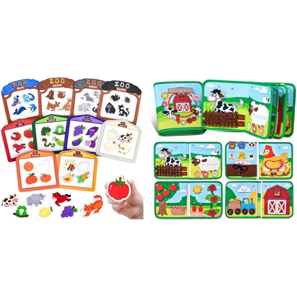 JoyCat Farm Busy Book for Toddlers 1-3 – 1 Year Old Boys Girls Gifts Toys+Color Sorting Sensory Toys, 10-Piece Wooden Magnetic Color Set for Toddlers