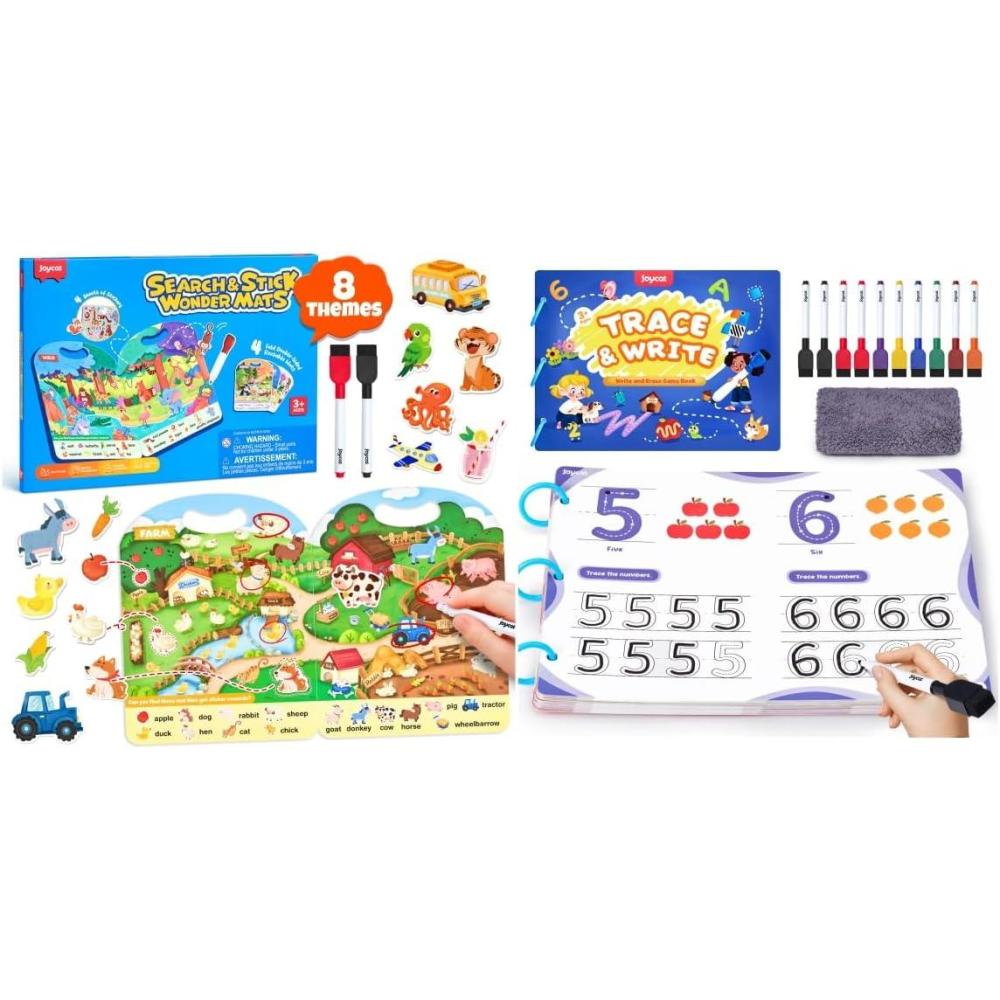 JoyCat Preschool Learning Activities, Handwriting Practice for Kids Toddlers Search and Find Activity Mats, Reusable Sticker Books for Toddlers, Travel Toys for Car Airplane Road Trips