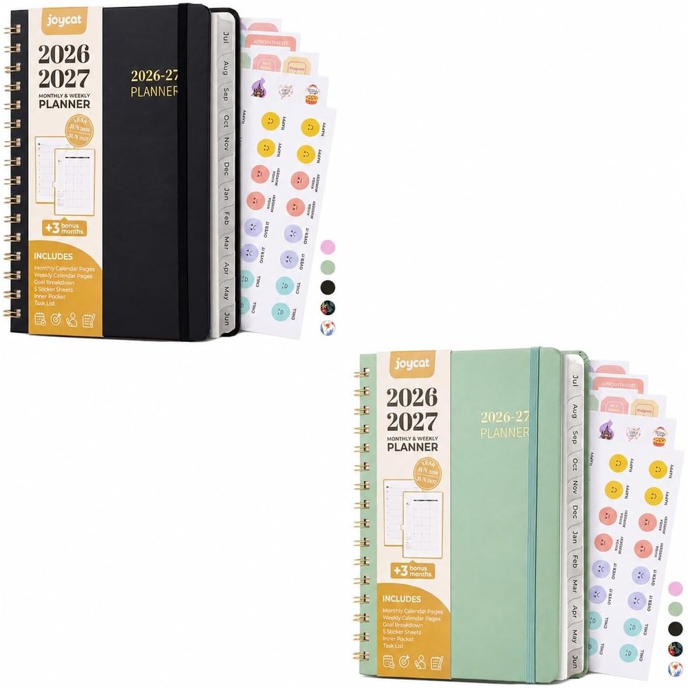 JoyCat Academic Black + Green Planner 2026-2027, July 2026 – June 2027, A5 Weekly & Monthly Planner, Hardcover Agenda with Tabs, 5 Sticker Sheets, Elastic Closure & Pocket for Teachers & Students