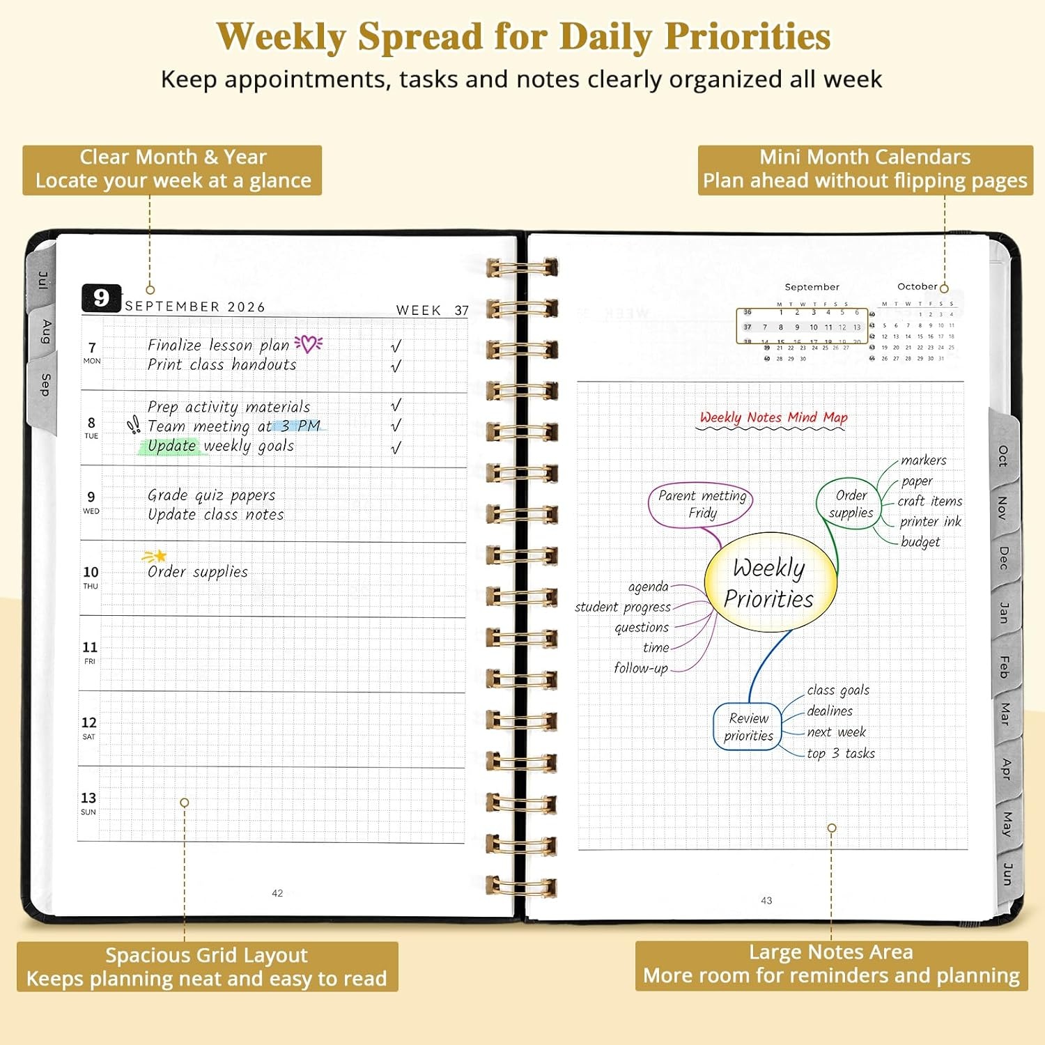 JoyCat Academic Black + Green Planner 2026-2027, July 2026 – June 2027, A5 Weekly & Monthly Planner, Hardcover Agenda with Tabs, 5 Sticker Sheets, Elastic Closure & Pocket for Teachers & Students