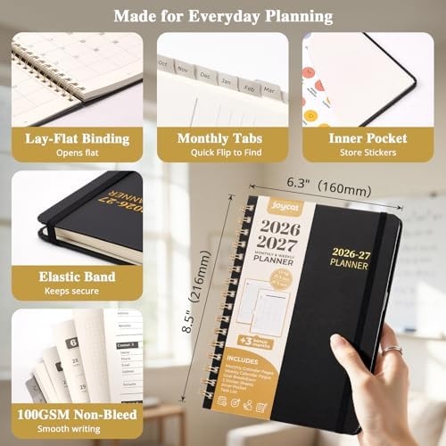 JoyCat Academic Black + Green Planner 2026-2027, July 2026 – June 2027, A5 Weekly & Monthly Planner, Hardcover Agenda with Tabs, 5 Sticker Sheets, Elastic Closure & Pocket for Teachers & Students