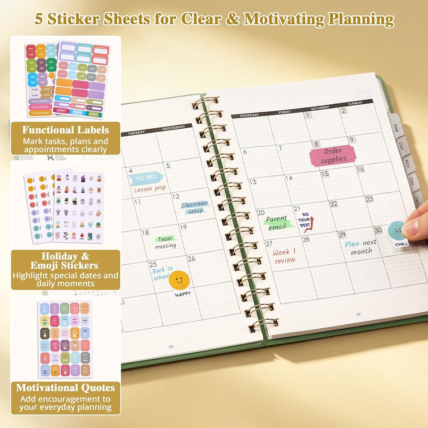 JoyCat Academic Black + Green Planner 2026-2027, July 2026 – June 2027, A5 Weekly & Monthly Planner, Hardcover Agenda with Tabs, 5 Sticker Sheets, Elastic Closure & Pocket for Teachers & Students
