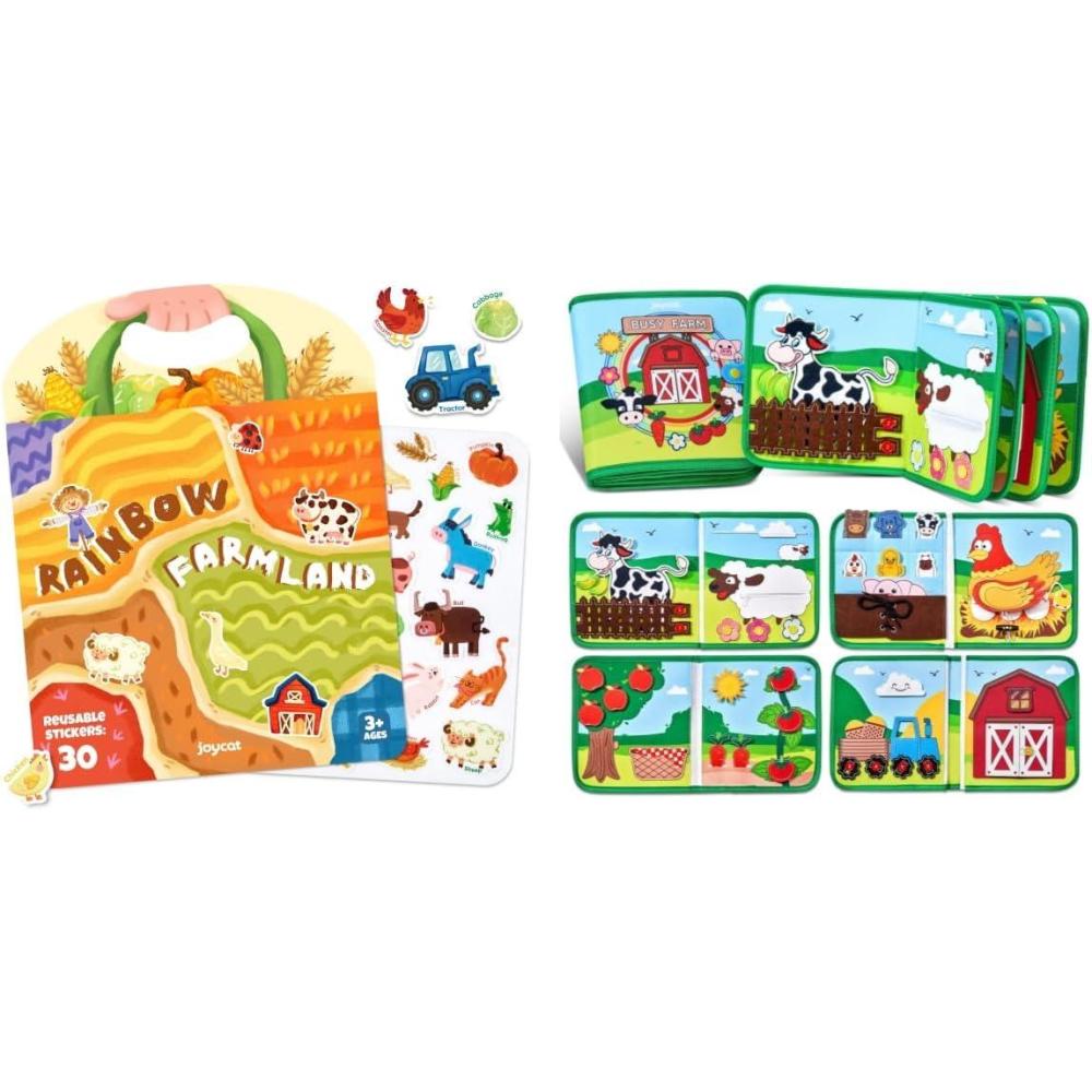 JoyCat Reusable Sticker Book – Jelly Animal Stickers for Toddlers + Farm Busy Book for Toddlers 1-3 – 1 Year Old Boys Girls Gifts Toys
