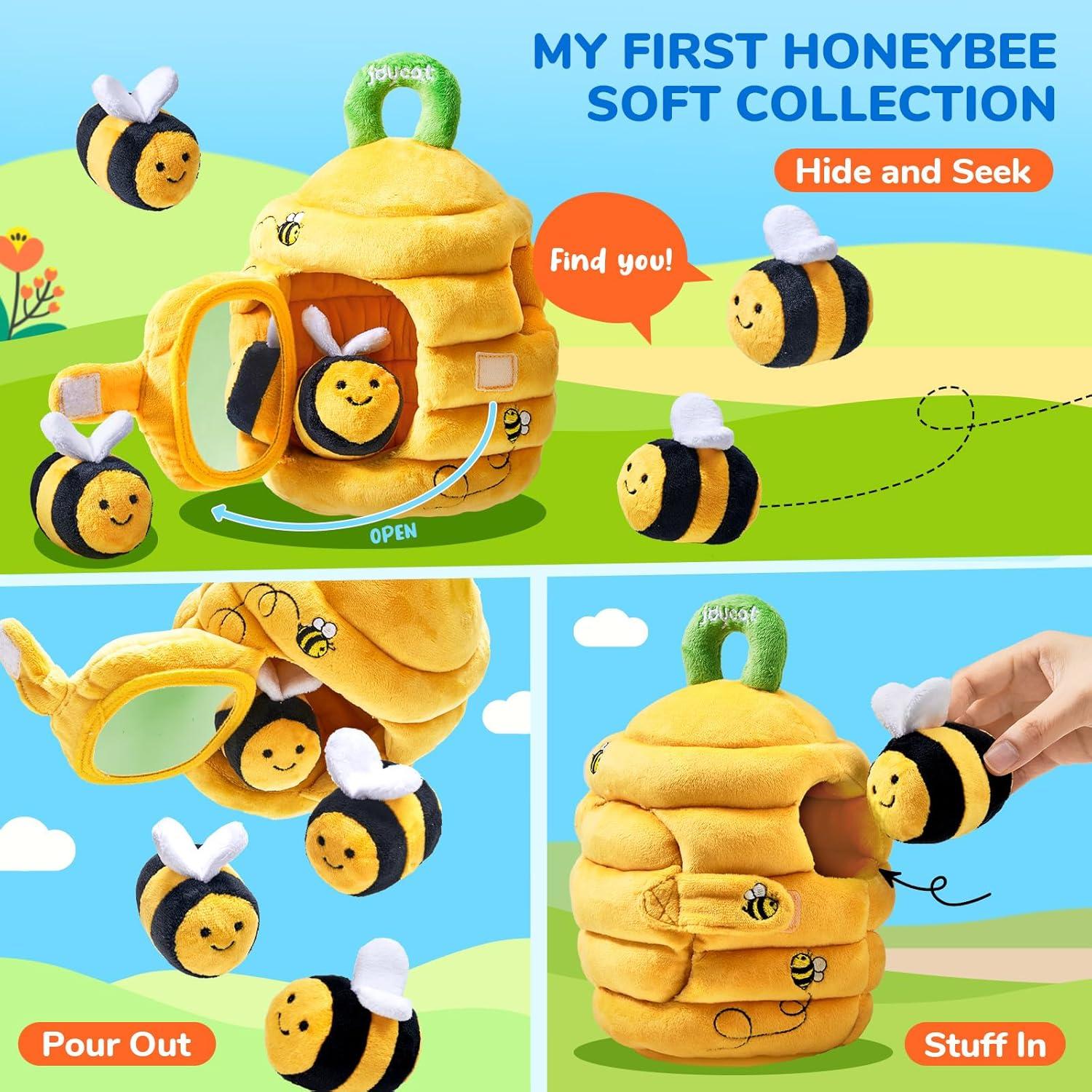 JoyCat Mystery Soft Box+Soft Baby Beehive with 5 Soft Sensory Bees – Honeybee Plush Toy for 0-12 Months – Rattle, Crinkle Paper, Squeaker, Mirror, Busy Toy for Babies 6-12 Months, 0-3 Years Old