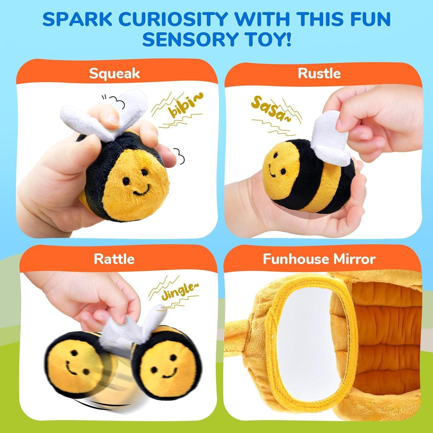 JoyCat Mystery Soft Box+Soft Baby Beehive with 5 Soft Sensory Bees – Honeybee Plush Toy for 0-12 Months – Rattle, Crinkle Paper, Squeaker, Mirror, Busy Toy for Babies 6-12 Months, 0-3 Years Old