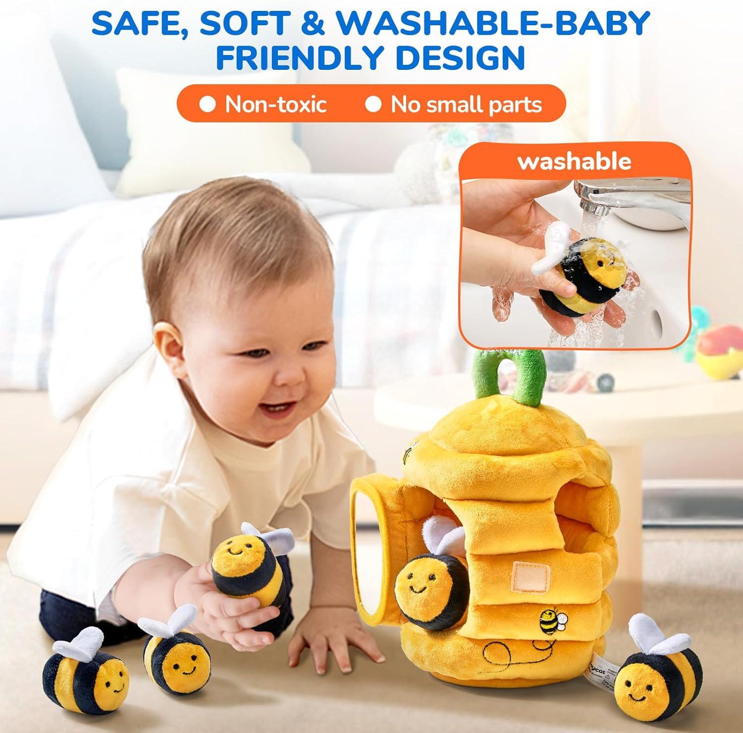JoyCat Mystery Soft Box+Soft Baby Beehive with 5 Soft Sensory Bees – Honeybee Plush Toy for 0-12 Months – Rattle, Crinkle Paper, Squeaker, Mirror, Busy Toy for Babies 6-12 Months, 0-3 Years Old