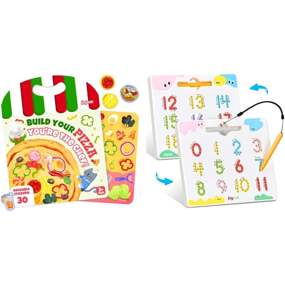 JoyCat Reusable Sticker Book – Jelly Stickers for Toddlers, Kids Sticker Activity Book, Travel Toys for Road Trip + Double-Sided Magnetic Number Tracing Board