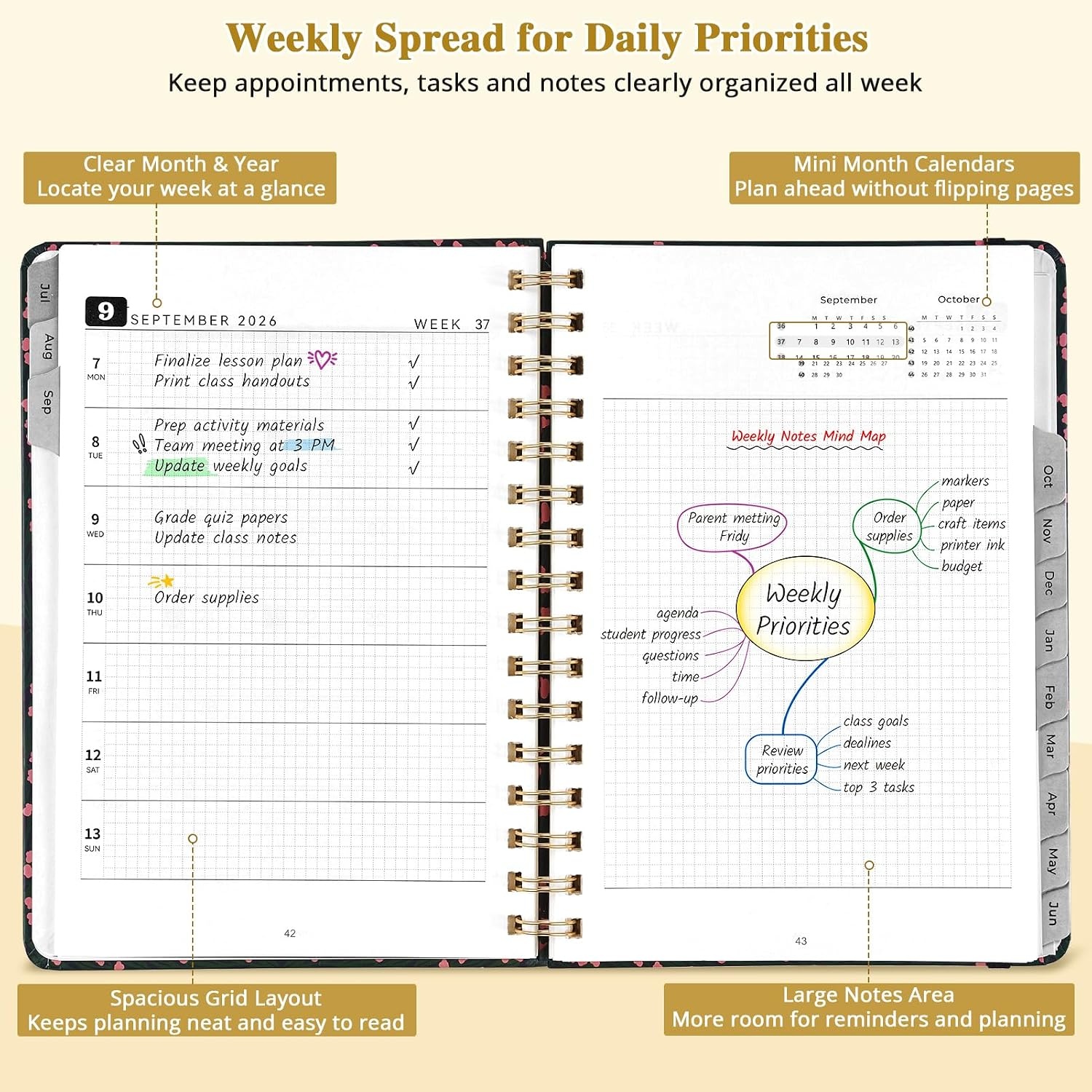 JoyCat 3 Ring Binder Classical Clipboard + A5 Academic Planner 2026-2027, July 2026 – June 2027, 6.3″ x 8.5″ Weekly & Monthly Planner