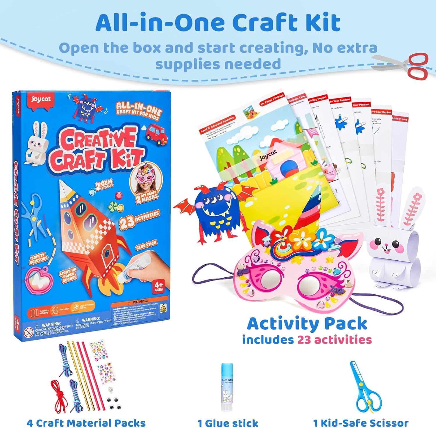JoyCat Craft Box for Kids Ages 4-8 – 23 Mess-Free Paper Arts and Crafts Kits, Educational Preschool & Homeschool Art Projects – LED Light-Up DIY Craft Gifts for Boys & Girls