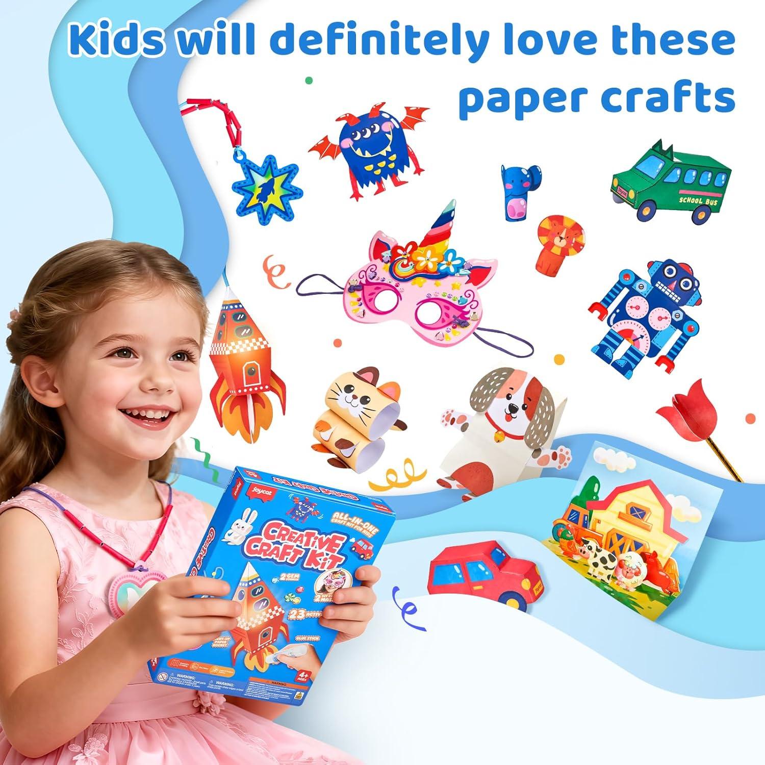 JoyCat Craft Box for Kids Ages 4-8 – 23 Mess-Free Paper Arts and Crafts Kits, Educational Preschool & Homeschool Art Projects – LED Light-Up DIY Craft Gifts for Boys & Girls