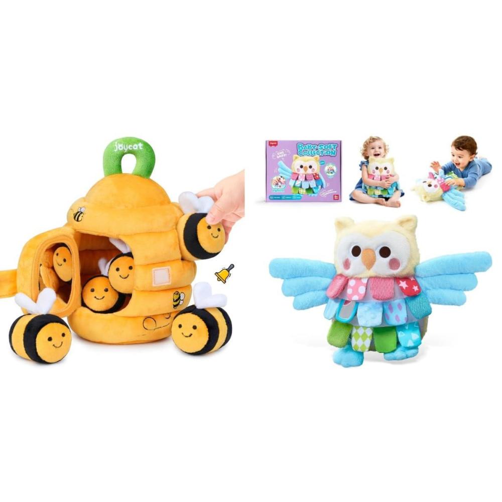 JoyCat Baby Toys 6-12 Months, Soft Baby Beehive with 5 Sensory Bees – Rattle, Crinkle Paper, Squeaker, Mirror + Sensory Owl Stuffed Animal, Soft Tummy Time Toy for Infant with Textured Crinkle Mirror
