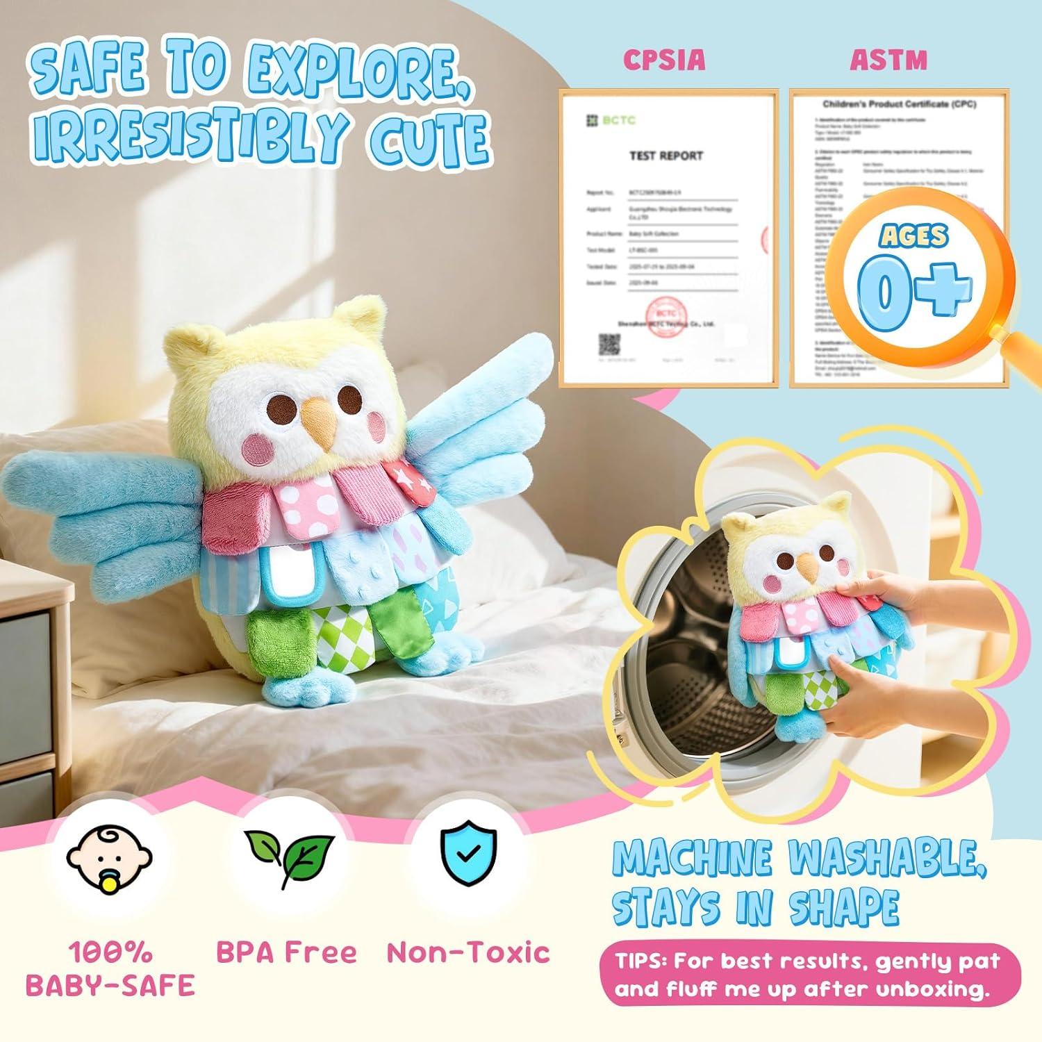 JoyCat Baby Toys 6-12 Months, Soft Baby Beehive with 5 Sensory Bees – Rattle, Crinkle Paper, Squeaker, Mirror + Sensory Owl Stuffed Animal, Soft Tummy Time Toy for Infant with Textured Crinkle Mirror