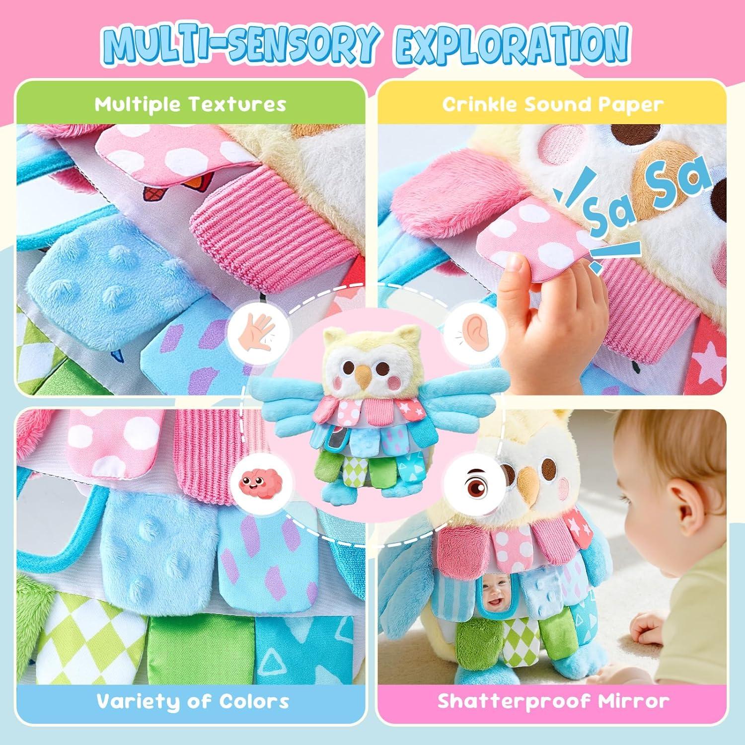 JoyCat Baby Toys 6-12 Months, Soft Baby Beehive with 5 Sensory Bees – Rattle, Crinkle Paper, Squeaker, Mirror + Sensory Owl Stuffed Animal, Soft Tummy Time Toy for Infant with Textured Crinkle Mirror