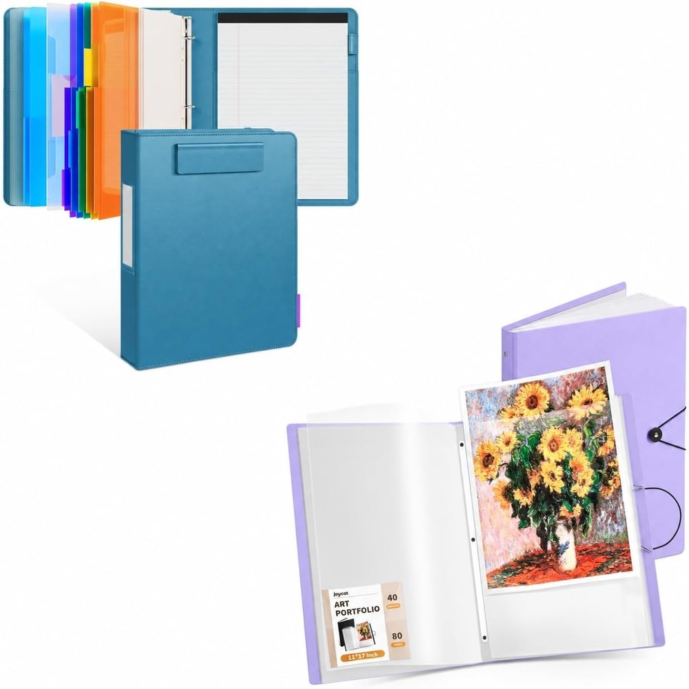 JoyCat 3 Ring Binder Dark Blue Clipboard + 11″x17″ Purple Art Portfolio Binder, 40 Pockets Art Folder with Clear View Pages, 80 Sheets Presentation Binder