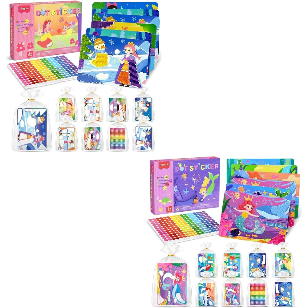 JoyCat 12 Pack Princess+Mermaid Dot Art Craft Kits for Kids Party Favors, Mess-Free Dot Sticker Activity Set with 2400+ Stickers & Goodie Bags, Goodie Bag Stuffers,Princess Toys for Ages 3-8