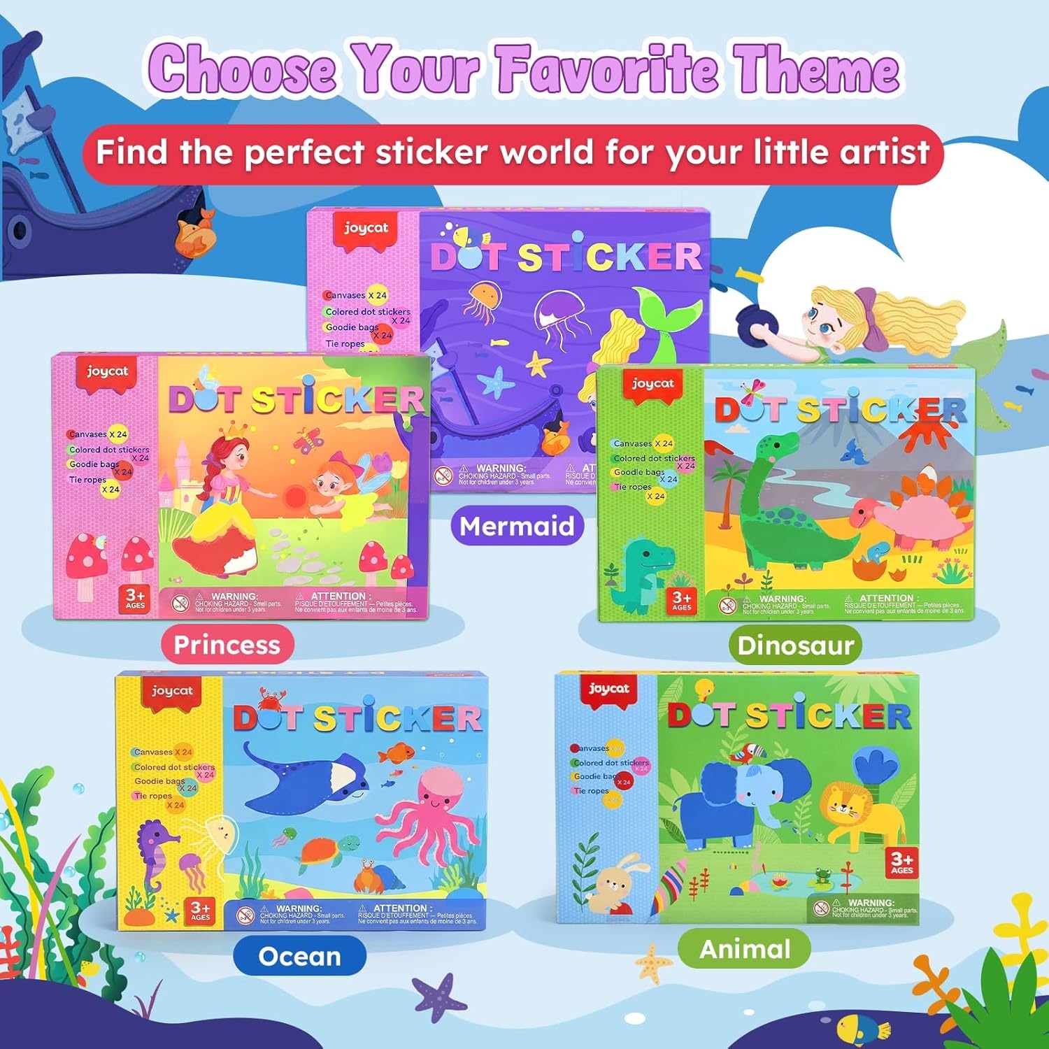 JoyCat 12 Pack Princess+Mermaid Dot Art Craft Kits for Kids Party Favors, Mess-Free Dot Sticker Activity Set with 2400+ Stickers & Goodie Bags, Goodie Bag Stuffers,Princess Toys for Ages 3-8