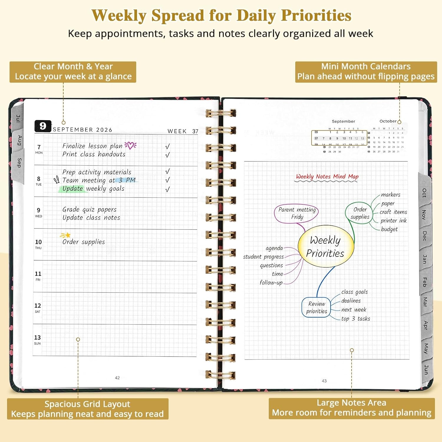 JoyCat Academic Midnight Garden + Pink Planner 2026-2027, July 2026 – June 2027, A5 Weekly & Monthly Planner for Teachers & Students
