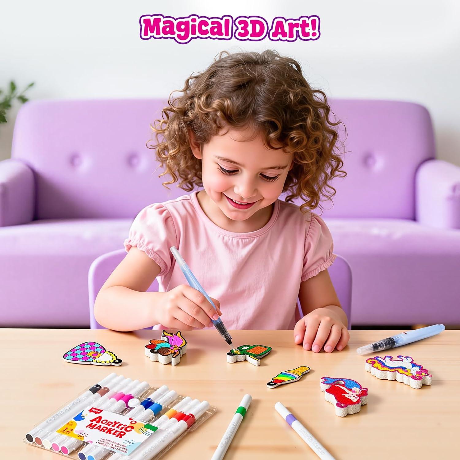 JoyCat 3D Art Kit- DIY Foam Texture Painting Kit, Animals Magic Puffy Paint Kit, 20 Pcs Mess-Free Paint Craft for Kids, DIY Color Activity, Creative Gift for Girls & Boys Ages 4, 5, 6, 7, 8, 9, 10(Unicorn & Princess)