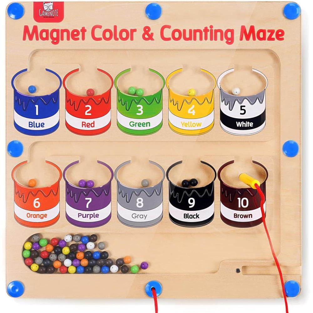 GAMENOTE Magnetic Color and Number Maze – Educational Fine Motor Skills Toys for Boys Girls 3 4 5 Years Old, Wooden Color Matching Learning Counting Toddler(Paint Bucket)