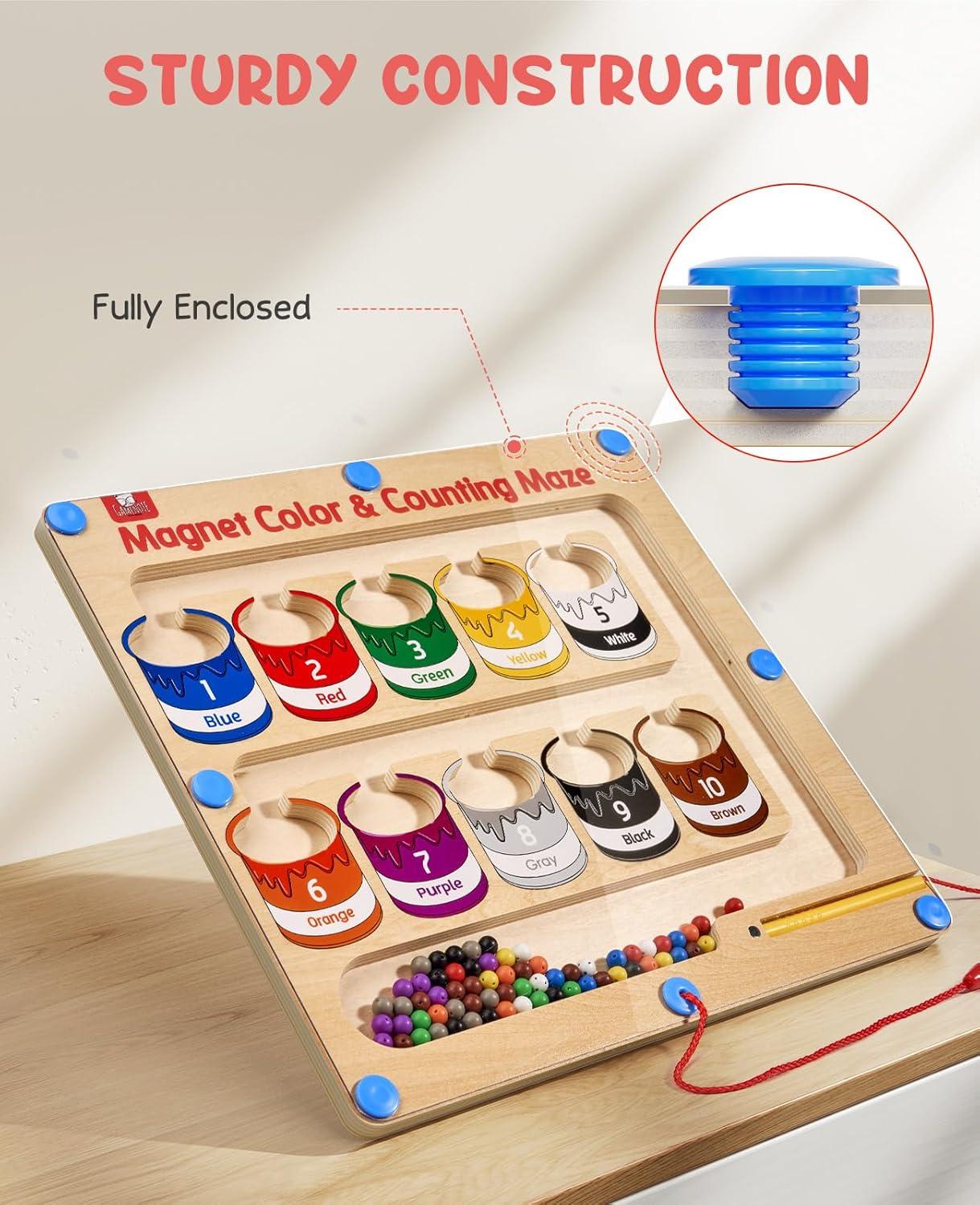 GAMENOTE Magnetic Color and Number Maze – Educational Fine Motor Skills Toys for Boys Girls 3 4 5 Years Old, Wooden Color Matching Learning Counting Toddler(Paint Bucket)