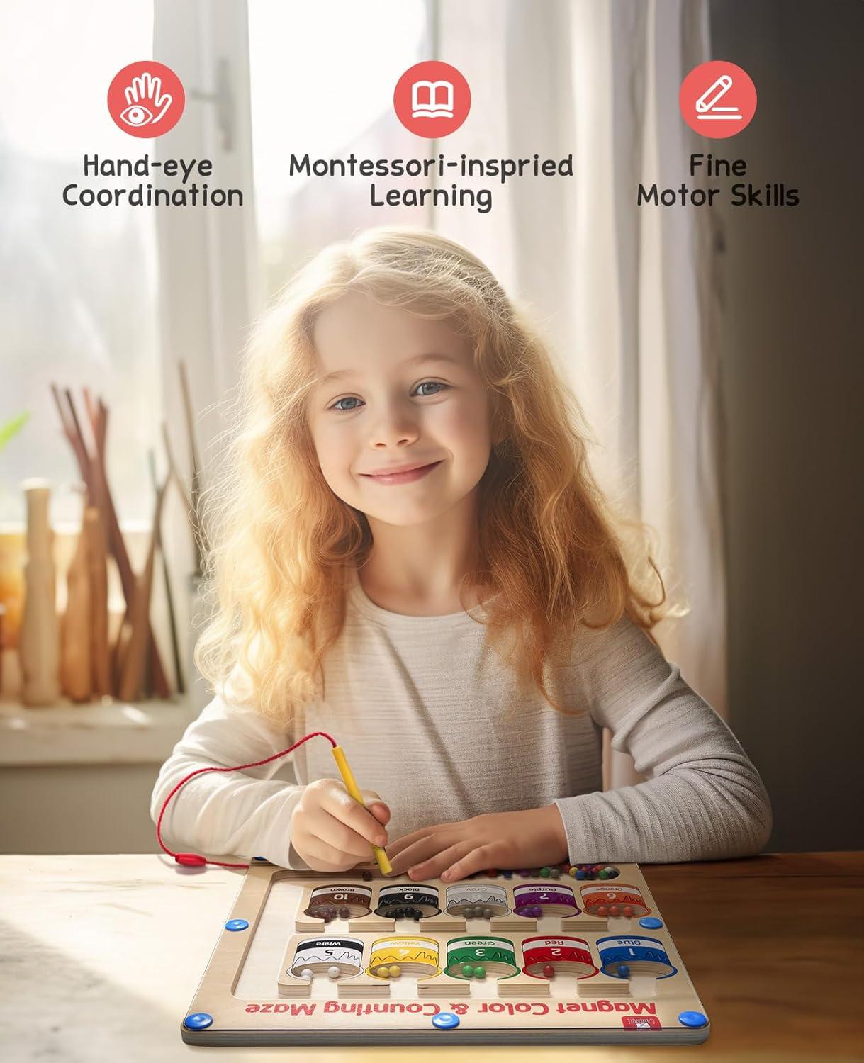 GAMENOTE Magnetic Color and Number Maze – Educational Fine Motor Skills Toys for Boys Girls 3 4 5 Years Old, Wooden Color Matching Learning Counting Toddler(Paint Bucket)