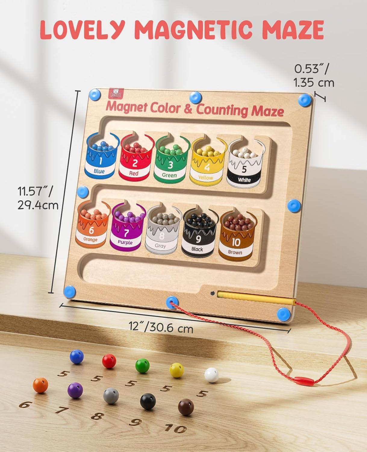 GAMENOTE Magnetic Color and Number Maze – Educational Fine Motor Skills Toys for Boys Girls 3 4 5 Years Old, Wooden Color Matching Learning Counting Toddler(Paint Bucket)