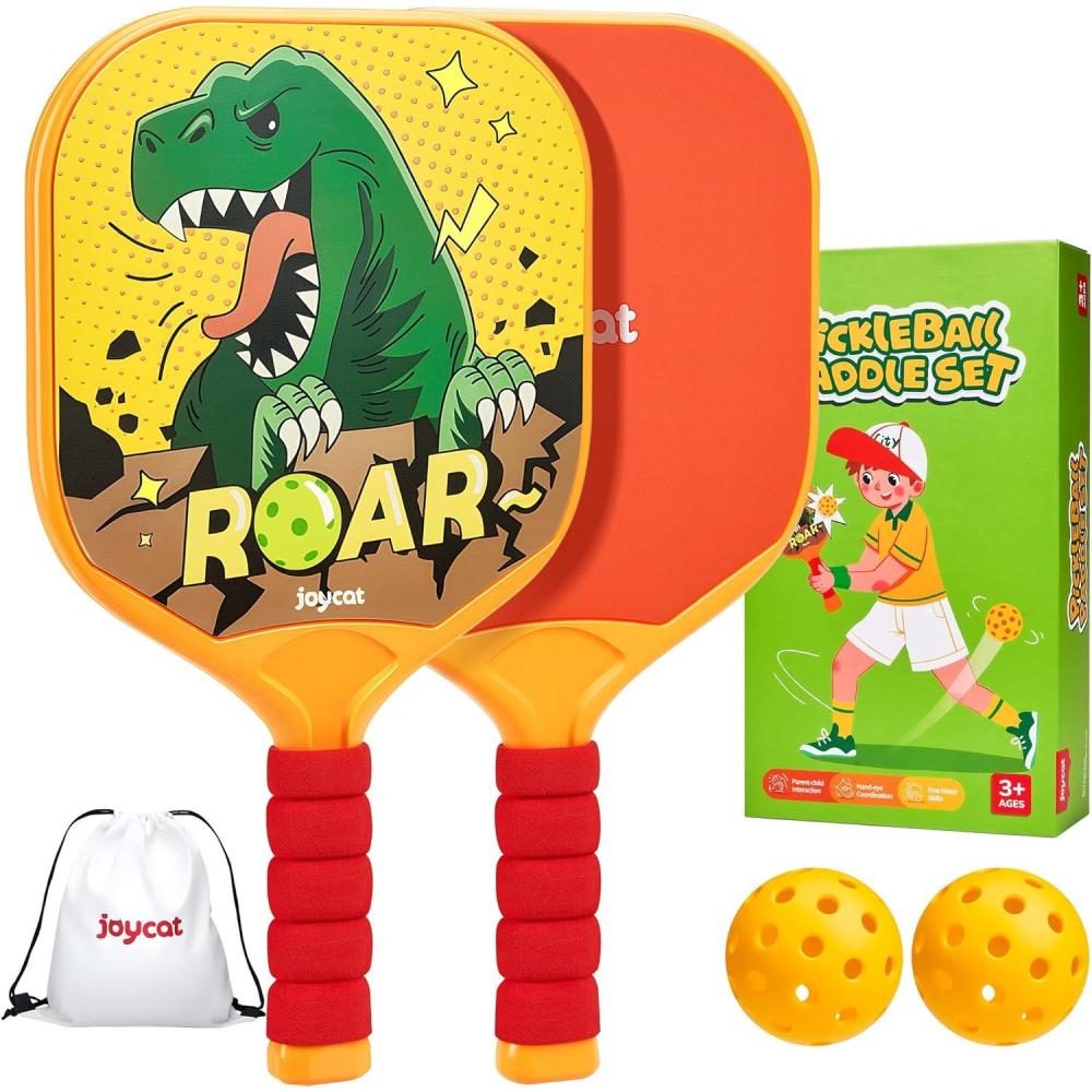 Joycat Kids Pickleball Paddles Set of 2, Lightweight Plastic Cute Pickleball Paddles with Small Grip, 2 Pickleballs, 1 Drawstring Bag,Indoor Outdoor Sport Gift for Kids,Beginner(Dinosaur)