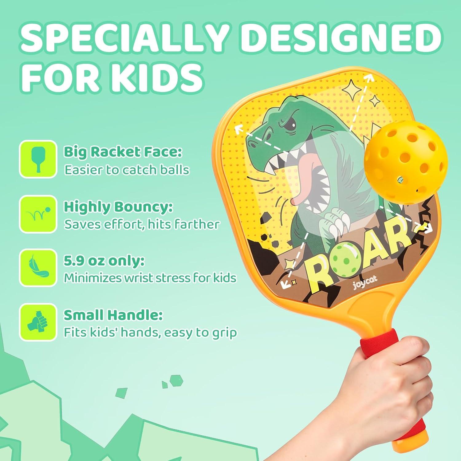 Joycat Kids Pickleball Paddles Set of 2, Lightweight Plastic Cute Pickleball Paddles with Small Grip, 2 Pickleballs, 1 Drawstring Bag,Indoor Outdoor Sport Gift for Kids,Beginner(Dinosaur)