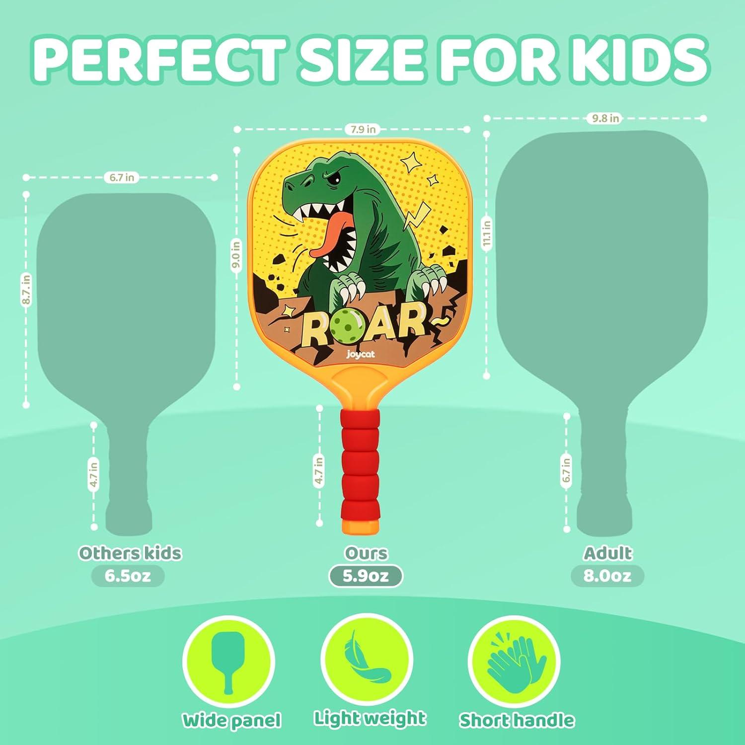 Joycat Kids Pickleball Paddles Set of 2, Lightweight Plastic Cute Pickleball Paddles with Small Grip, 2 Pickleballs, 1 Drawstring Bag,Indoor Outdoor Sport Gift for Kids,Beginner(Dinosaur)
