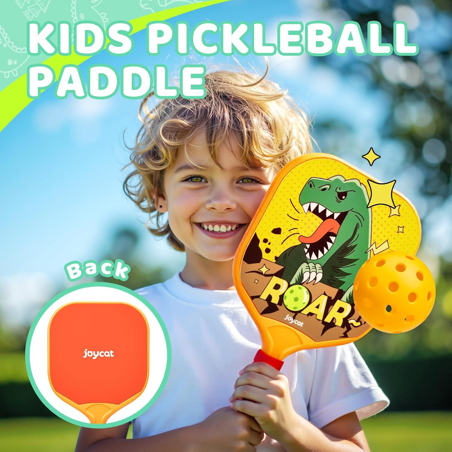 Joycat Kids Pickleball Paddles Set of 2, Lightweight Plastic Cute Pickleball Paddles with Small Grip, 2 Pickleballs, 1 Drawstring Bag,Indoor Outdoor Sport Gift for Kids,Beginner(Dinosaur)
