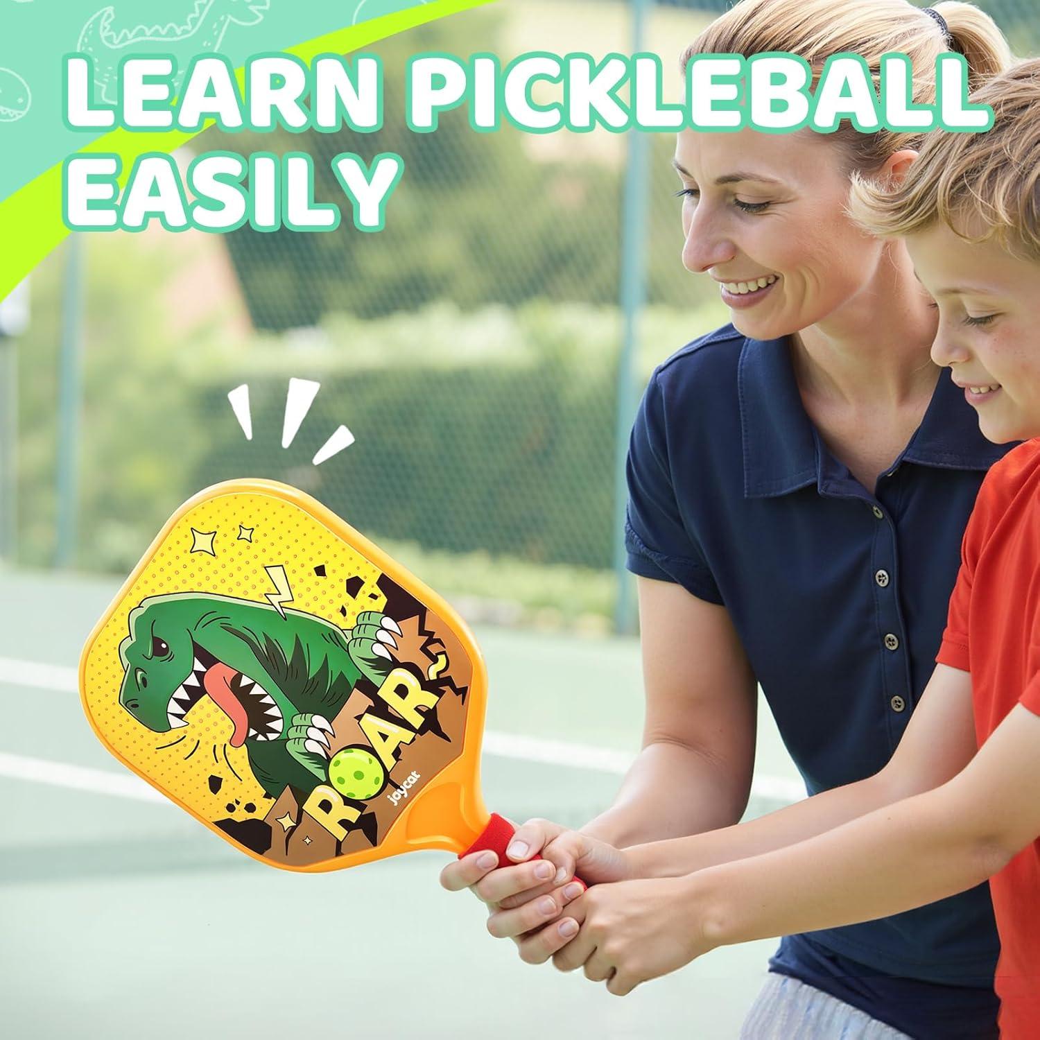 Joycat Kids Pickleball Paddles Set of 2, Lightweight Plastic Cute Pickleball Paddles with Small Grip, 2 Pickleballs, 1 Drawstring Bag,Indoor Outdoor Sport Gift for Kids,Beginner(Dinosaur)