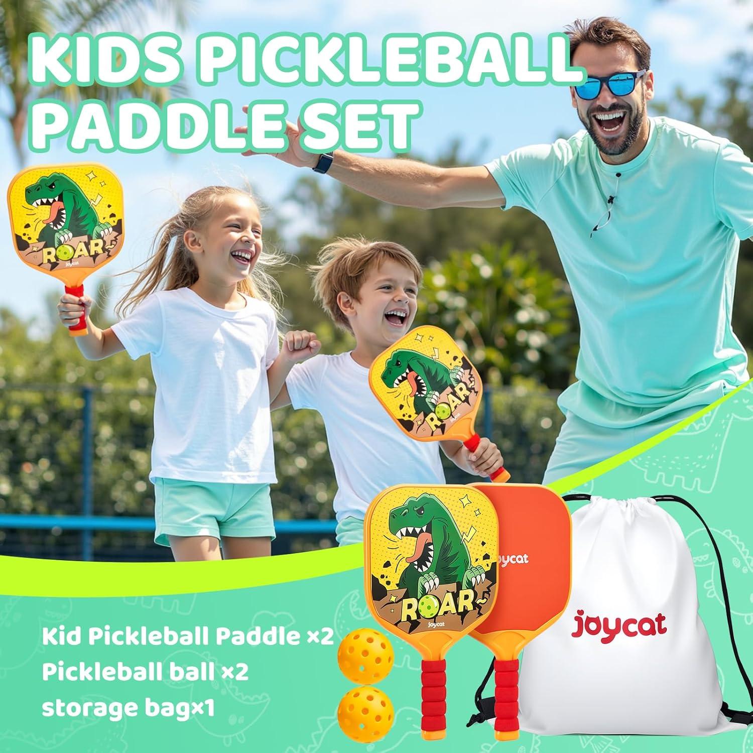 Joycat Kids Pickleball Paddles Set of 2, Lightweight Plastic Cute Pickleball Paddles with Small Grip, 2 Pickleballs, 1 Drawstring Bag,Indoor Outdoor Sport Gift for Kids,Beginner(Dinosaur)