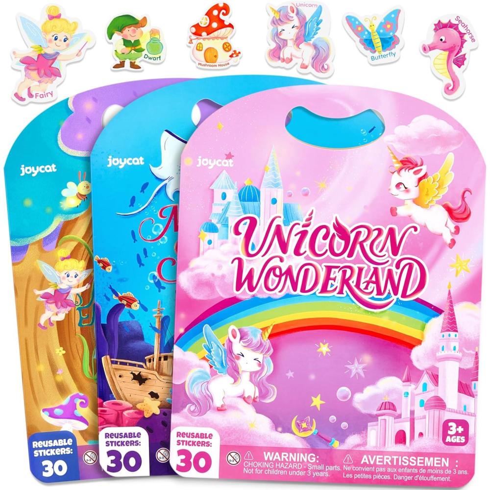 JoyCat Reusable Sticker Book Set (3-Pack): Unicorn, Fairies, Mermaid – 90 Pcs Stickers for Toddlers, Kids Sticker Activity Book, Road Trip Travel Toys, Party Favors, Birthday Gifts for Baby Girls(3-Pack: Unicorn  Fairies  Mermaid)
