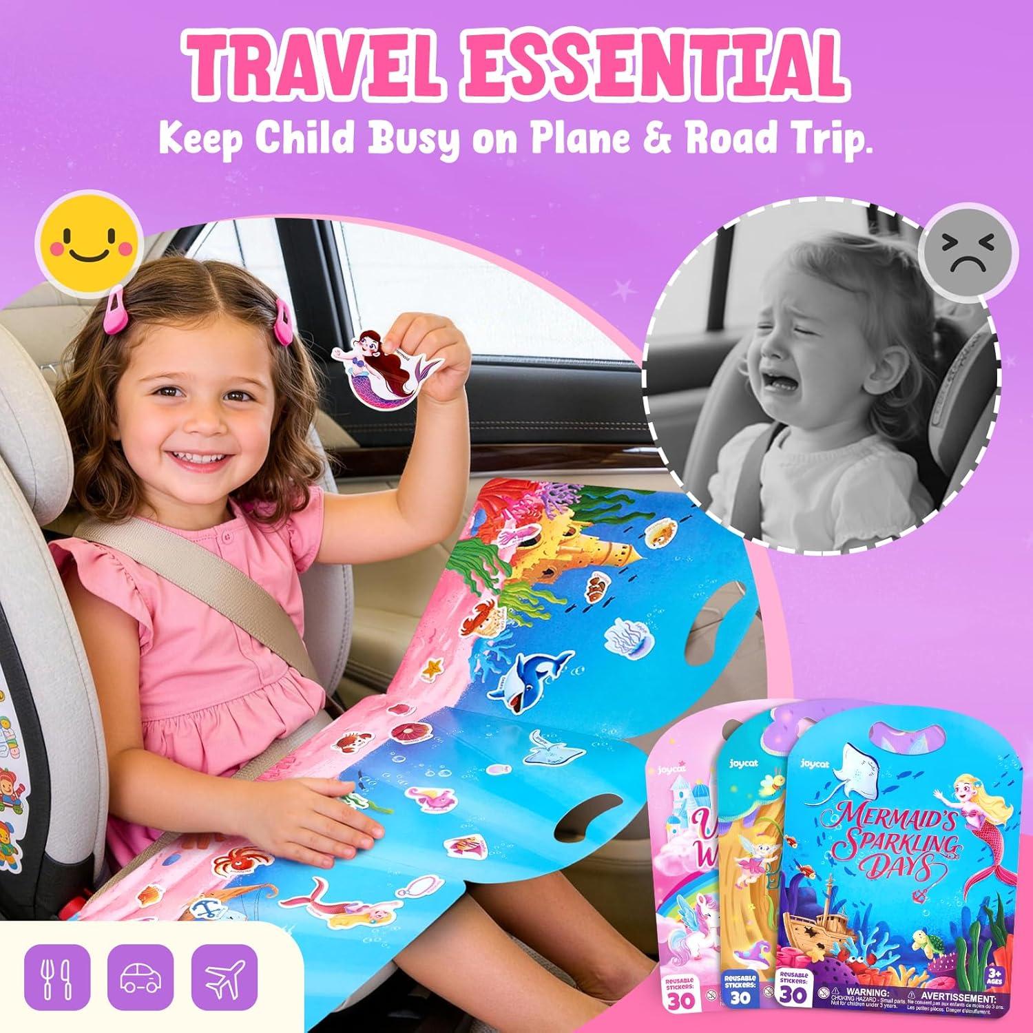 JoyCat Reusable Sticker Book Set (3-Pack): Unicorn, Fairies, Mermaid – 90 Pcs Stickers for Toddlers, Kids Sticker Activity Book, Road Trip Travel Toys, Party Favors, Birthday Gifts for Baby Girls(3-Pack: Unicorn  Fairies  Mermaid)