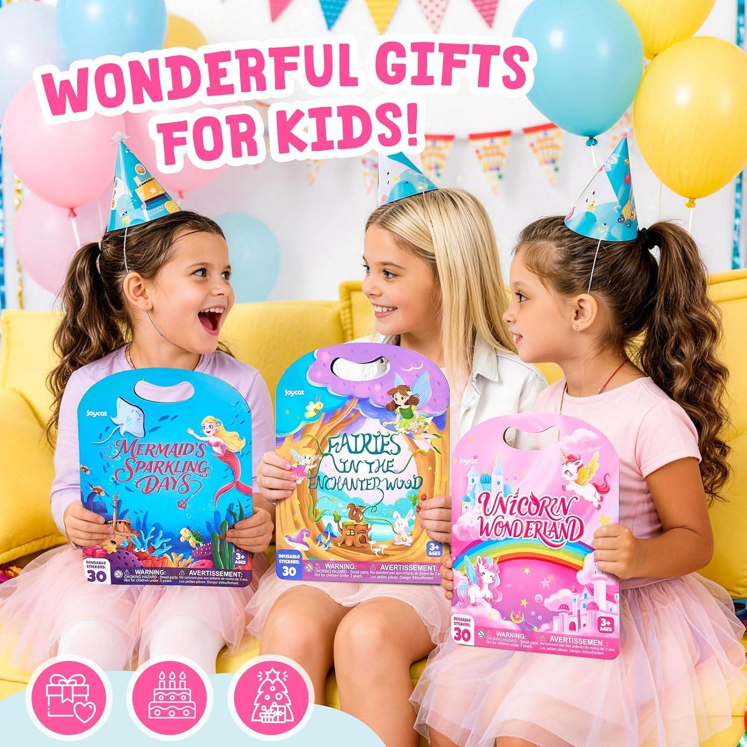 JoyCat Reusable Sticker Book Set (3-Pack): Unicorn, Fairies, Mermaid – 90 Pcs Stickers for Toddlers, Kids Sticker Activity Book, Road Trip Travel Toys, Party Favors, Birthday Gifts for Baby Girls(3-Pack: Unicorn  Fairies  Mermaid)