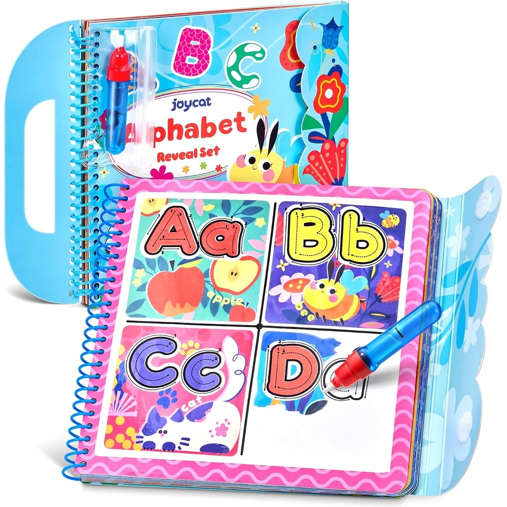 JoyCat Water Coloring Book for Toddlers, Shapes & Transportation Theme, 14 Reusable Activity Pages, Mess-Free Coloring Book for Kids Ages 3-5, Preschool Shape Learning Vehicle Activity Book(Alphabet)