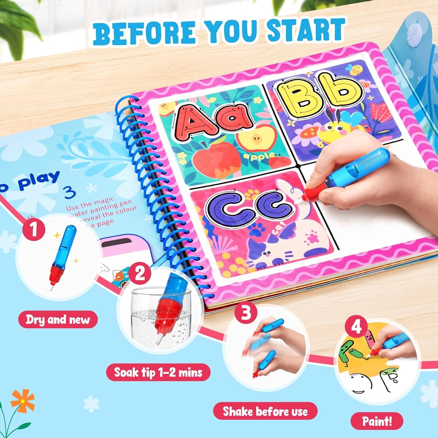 JoyCat Water Coloring Book for Toddlers, Shapes & Transportation Theme, 14 Reusable Activity Pages, Mess-Free Coloring Book for Kids Ages 3-5, Preschool Shape Learning Vehicle Activity Book(Alphabet)