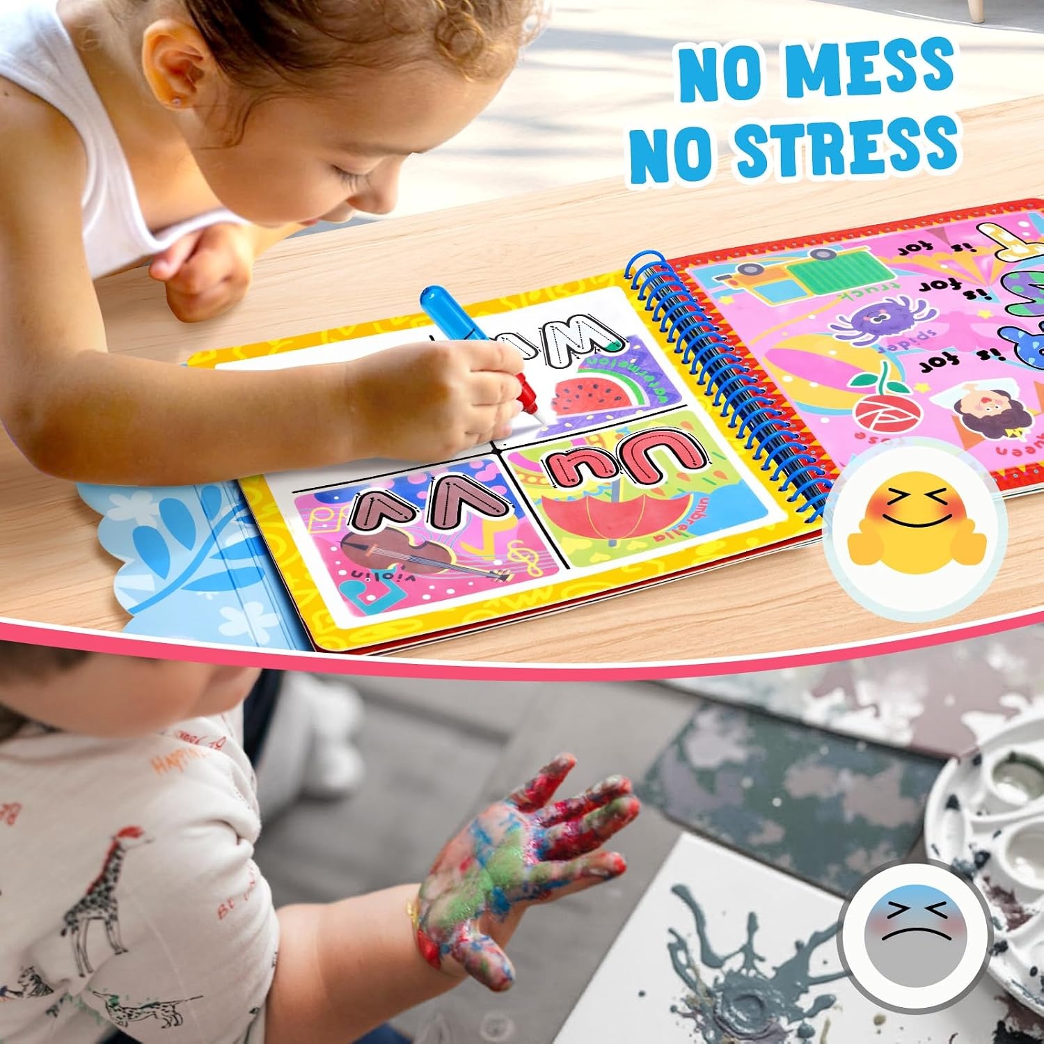 JoyCat Water Coloring Book for Toddlers, Shapes & Transportation Theme, 14 Reusable Activity Pages, Mess-Free Coloring Book for Kids Ages 3-5, Preschool Shape Learning Vehicle Activity Book(Alphabet)