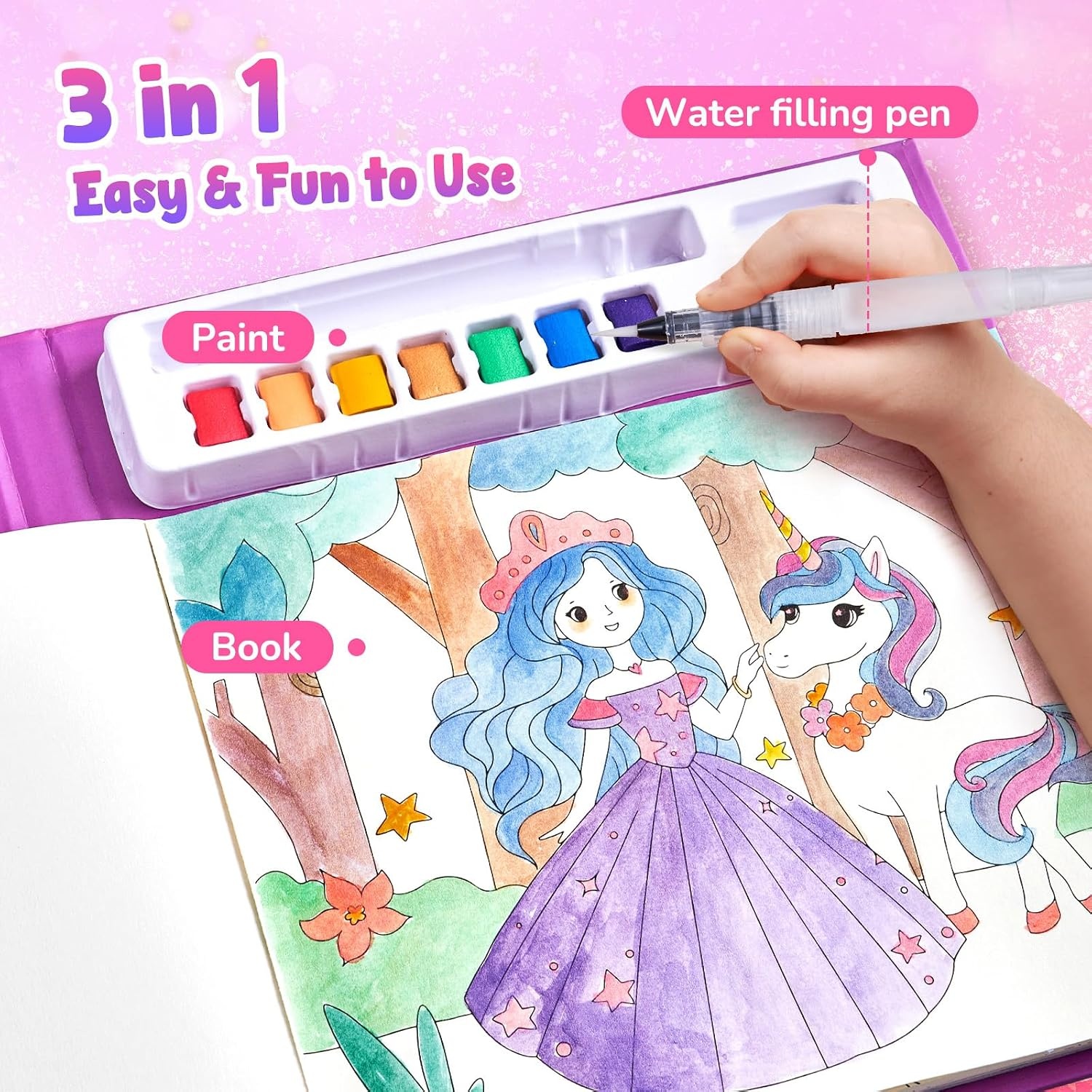 JoyCat Paint with Water Coloring Books & Shimmer Art (Bugs & Blossoms)(Princess & Magical Pony 2)