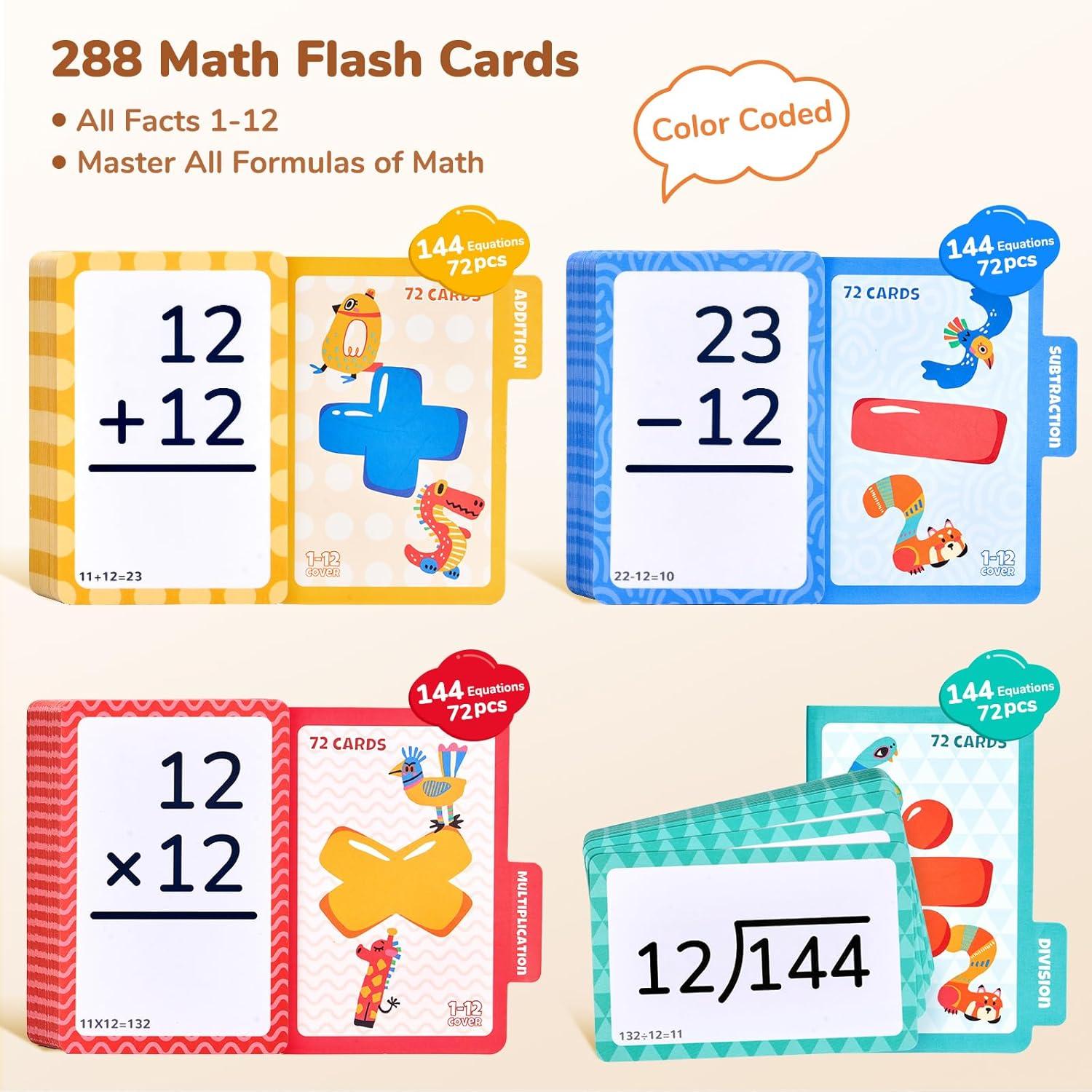 JoyCat 288 Math Flash Cards Set of 4- Multiplication, Division, Addition and Subtraction Flashcards for Kids 1st 2nd 3rd 4th 5th Grade or Kindergarten Homeschool Supplies(Math Flash Cards)