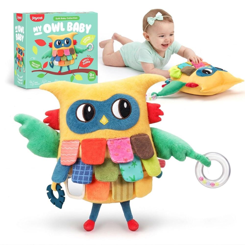 JoyCat Sensory Owl Baby Toy for 0-12 Months, 12Soft Tummy Time Infant Toy with Multi-Textured Crinkle Feathers, Baby Mirror, Stuffed Animal Plush Montessori Gifts for Newborn Boys and Girls(High-contrast Yellow & Green)