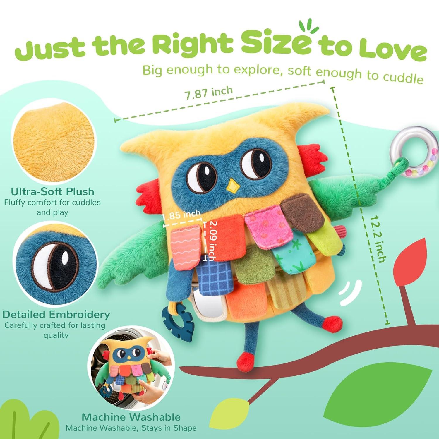 JoyCat Sensory Owl Baby Toy for 0-12 Months, 12Soft Tummy Time Infant Toy with Multi-Textured Crinkle Feathers, Baby Mirror, Stuffed Animal Plush Montessori Gifts for Newborn Boys and Girls(High-contrast Yellow & Green)